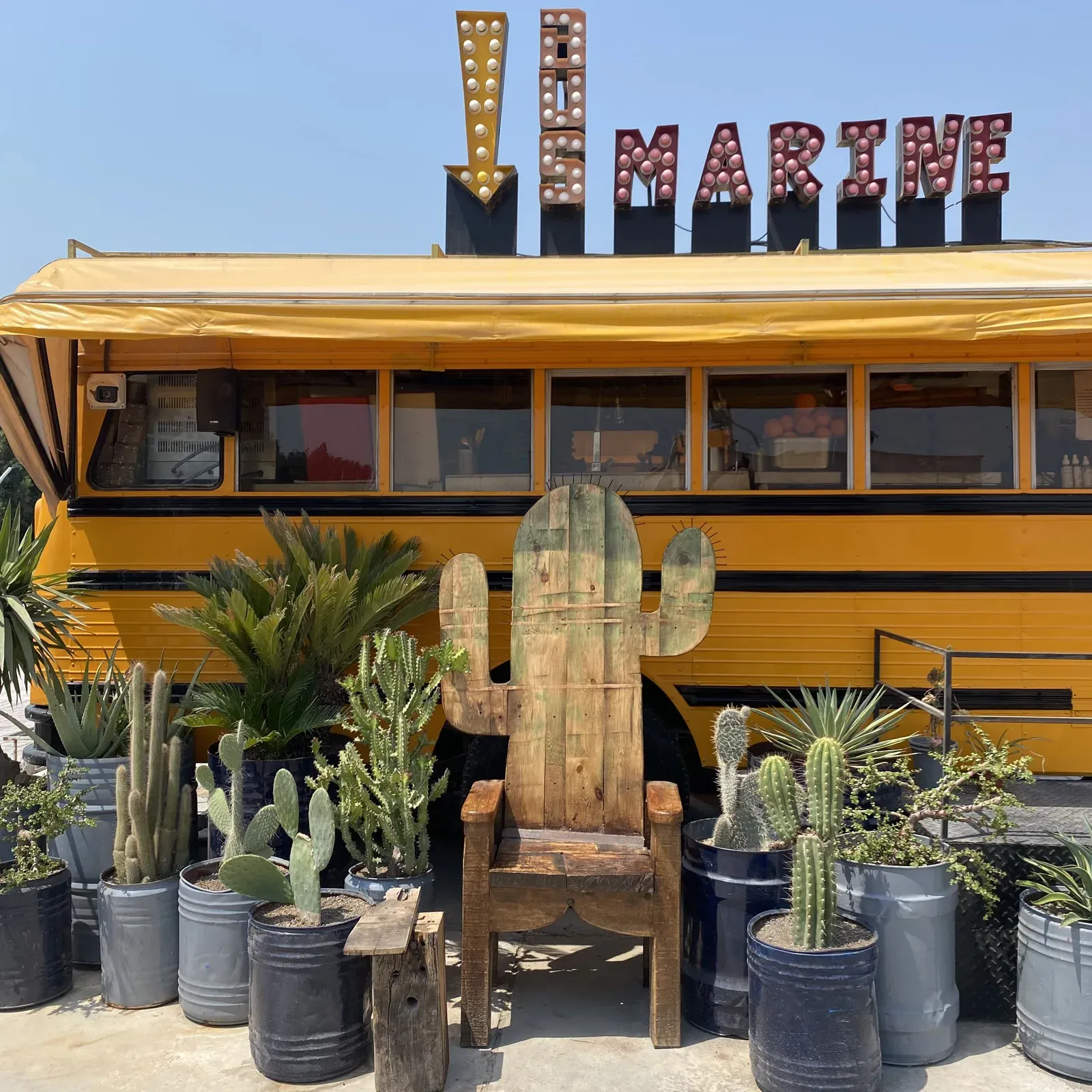 Yellow Busmarine bus and plant pots at Kish Island Marina